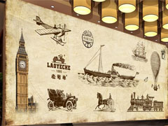 欧美复古风奶茶店墙画设计