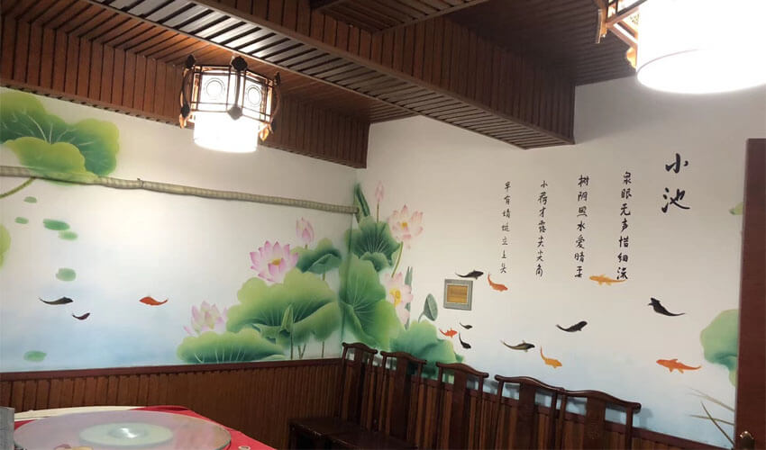 小池荷花风格餐厅墙绘主题彩绘壁画