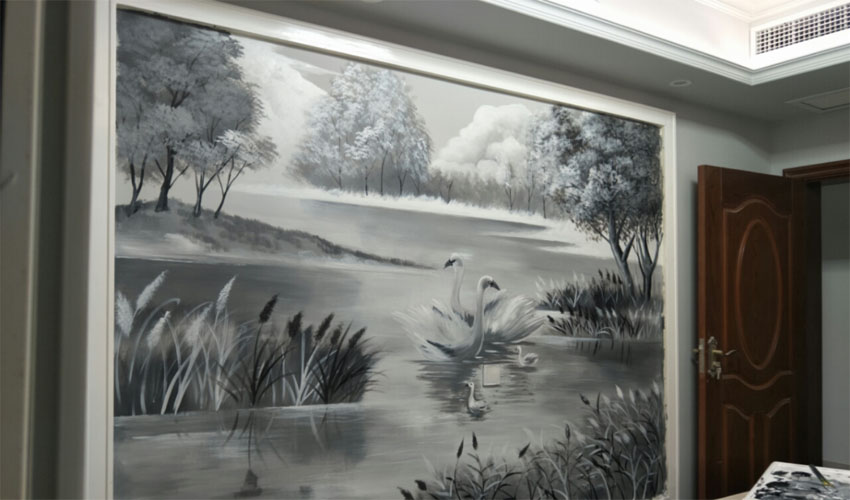 黑白复古天鹅湖主题电视背景墙绘